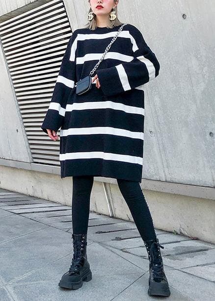 Cozy black white striped knitwear o neck baggy sweater tops AT-NTP191023