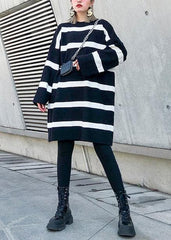 Cozy black white striped knitwear o neck baggy sweater tops AT-NTP191023