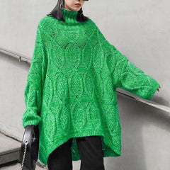 Cozy green knitwear plus size high neck low high design knit top silhouette AT-NTP201217