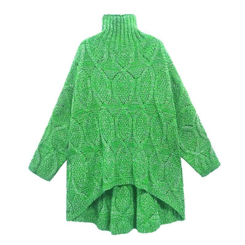 Cozy green knitwear plus size high neck low high design knit top silhouette AT-NTP201217