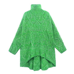 Cozy green knitwear plus size high neck low high design knit top silhouette AT-NTP201217