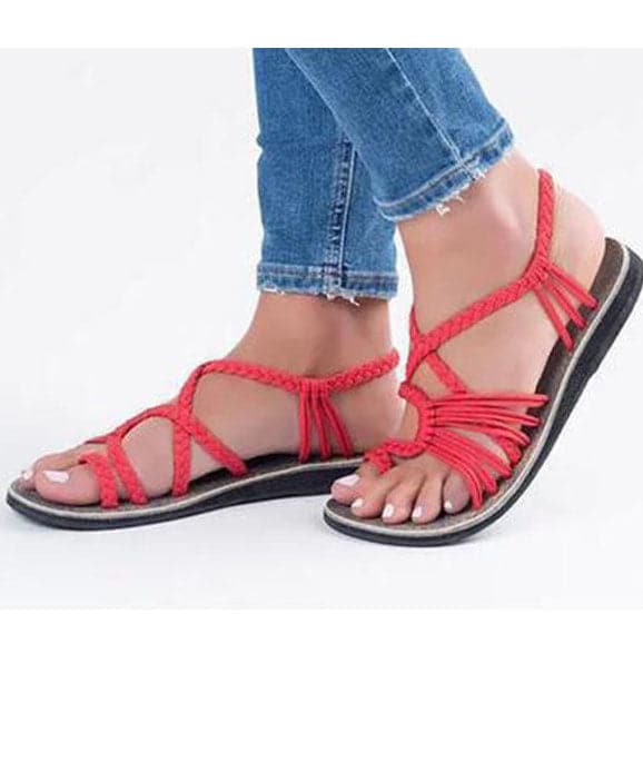 Cross Strap Black Flat Sandals Knit Fabric Hollow Out Walking Sandals Boho-LX220531