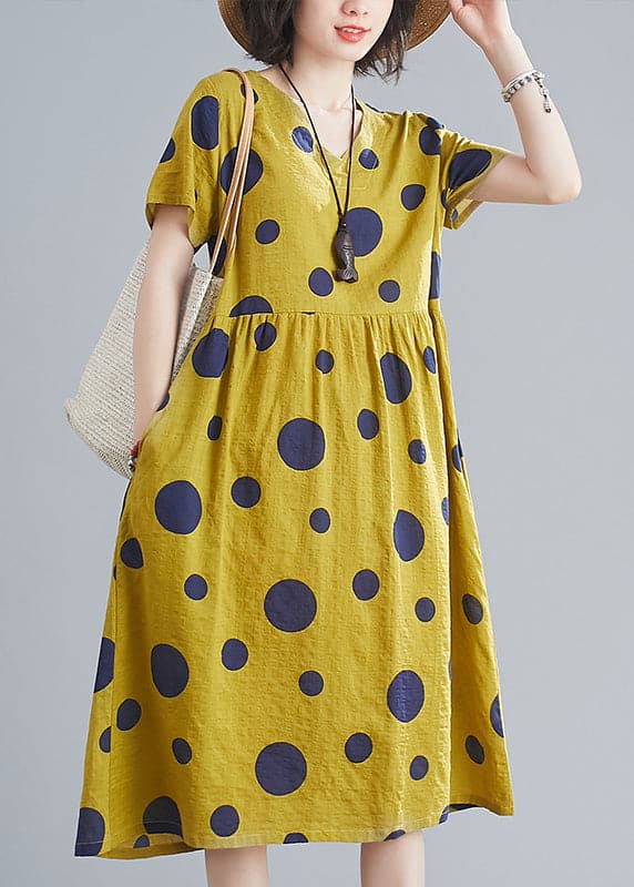 Cute Yellow Wrinkled V Neck Pockets Dot Print Cotton Dresses Short Sleeve GK-SDL220418