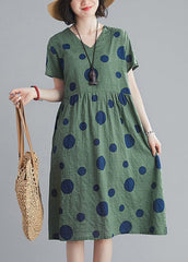 Cute Yellow Wrinkled V Neck Pockets Dot Print Cotton Dresses Short Sleeve GK-SDL220418