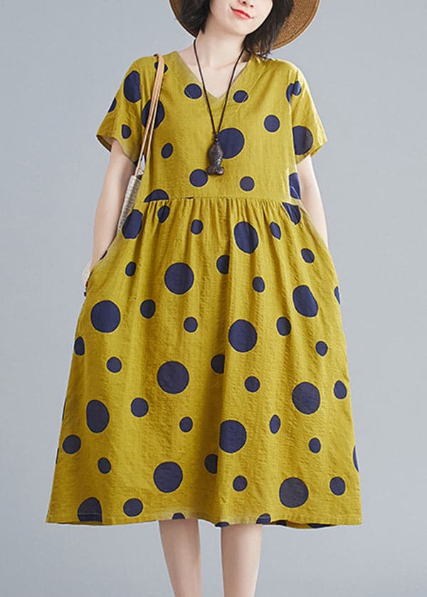 Cute Yellow Wrinkled V Neck Pockets Dot Print Cotton Dresses Short Sleeve GK-SDL220418