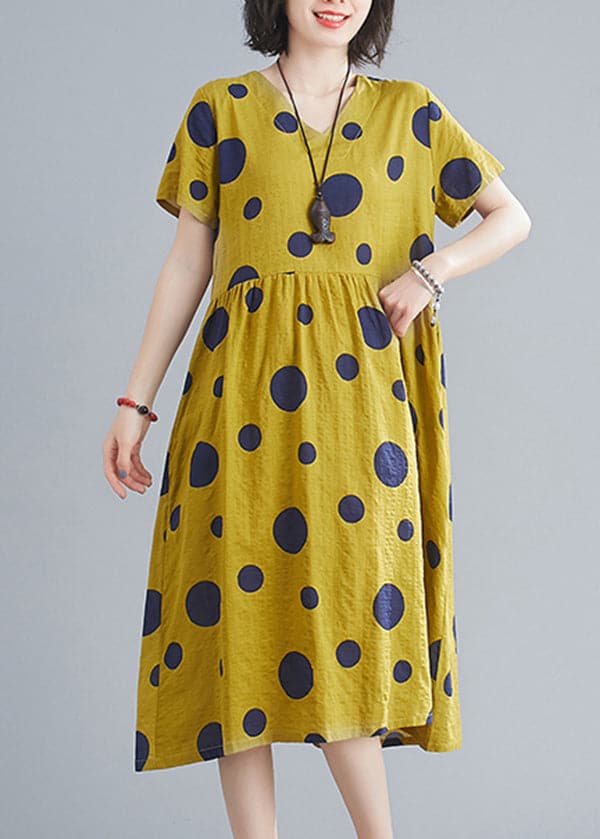 Cute Yellow Wrinkled V Neck Pockets Dot Print Cotton Dresses Short Sleeve GK-SDL220418