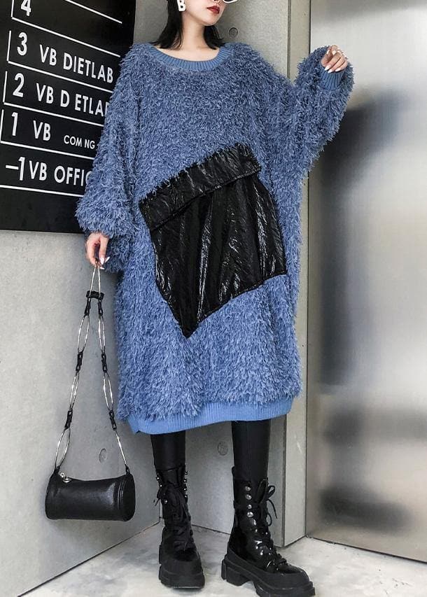 Cute blue Sweater weather plus size o neck tassel Big sweater dresses AT-NSD191101