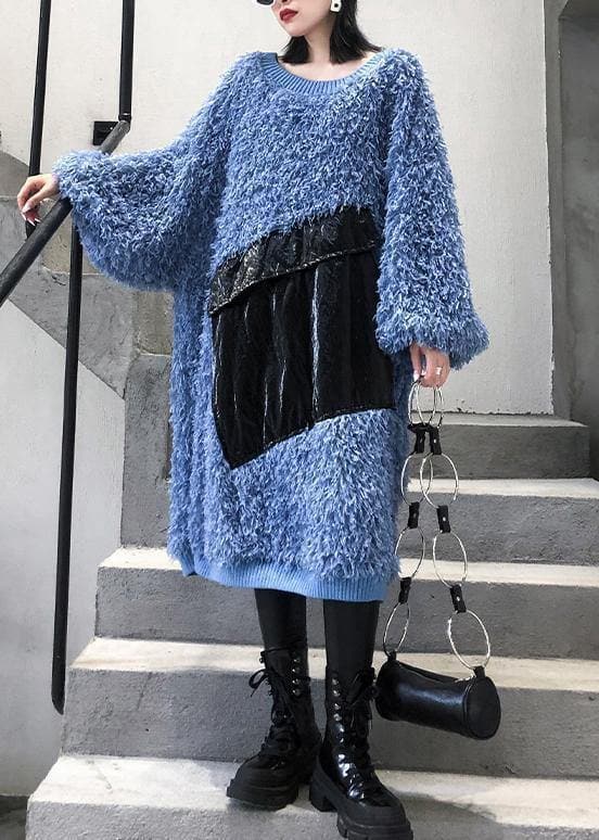 Cute blue Sweater weather plus size o neck tassel Big sweater dresses AT-NSD191101