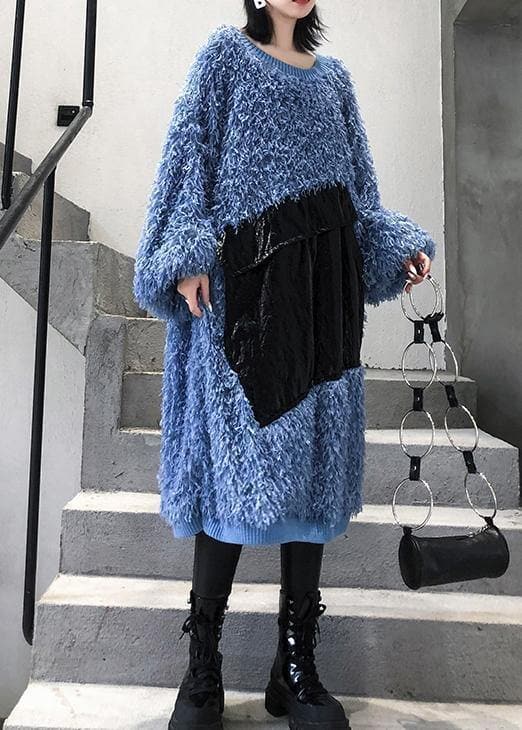 Cute blue Sweater weather plus size o neck tassel Big sweater dresses AT-NSD191101