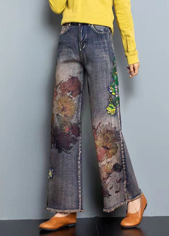 DIY Blue High Waist Embroideried Pockets Print Cotton Denim Straight Pants Fall NZ-LPTS220715