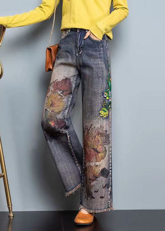 DIY Blue High Waist Embroideried Pockets Print Cotton Denim Straight Pants Fall NZ-LPTS220715