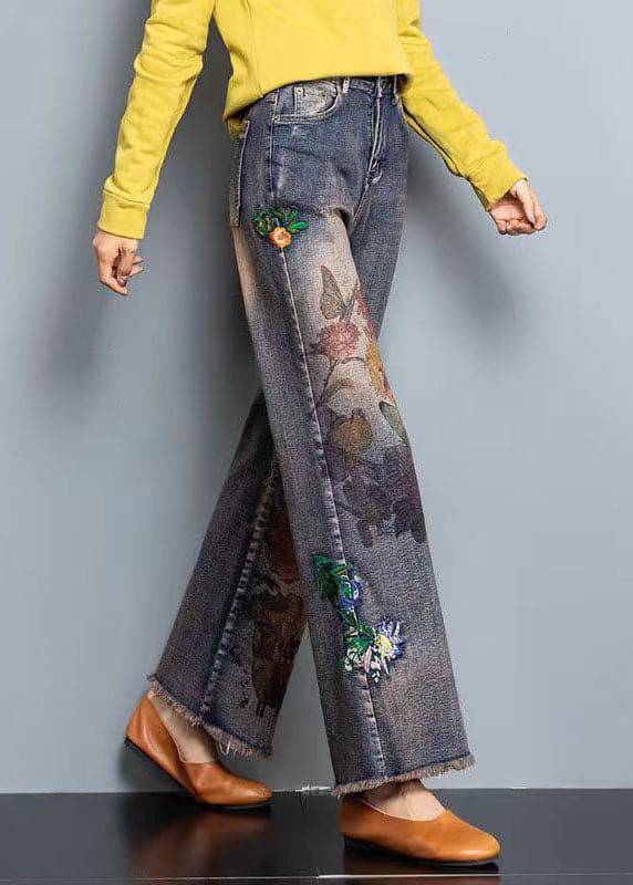 DIY Blue High Waist Embroideried Pockets Print Cotton Denim Straight Pants Fall NZ-LPTS220715