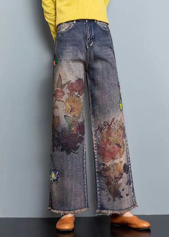 DIY Blue High Waist Embroideried Pockets Print Cotton Denim Straight Pants Fall NZ-LPTS220715