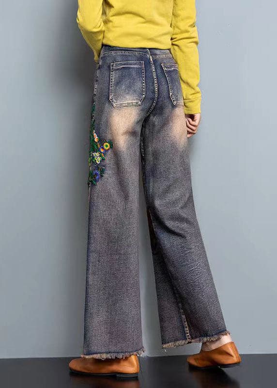 DIY Blue High Waist Embroideried Pockets Print Cotton Denim Straight Pants Fall NZ-LPTS220715