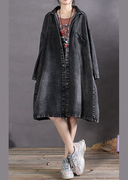 DIY Charcoal grey Peter Pan Collar Button denim Coats Spring FG-TCT211228