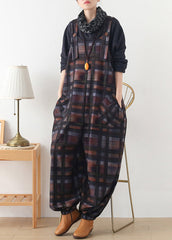 DIY Coffee Colour Plaid Button Woolen Jumpsuit Pants Fall dylinoshop