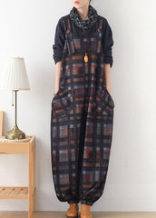 DIY Coffee Colour Plaid Button Woolen Jumpsuit Pants Fall dylinoshop