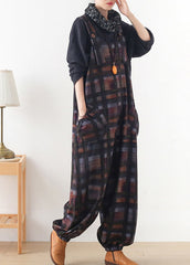 DIY Coffee Colour Plaid Button Woolen Jumpsuit Pants Fall dylinoshop