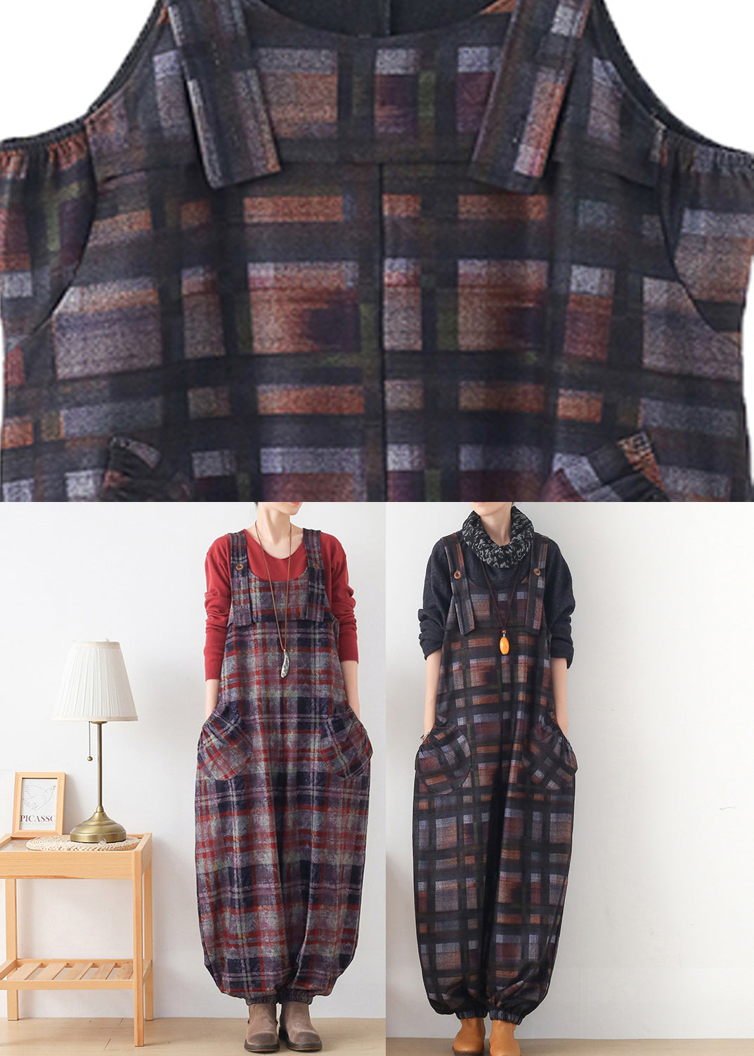 DIY Coffee Colour Plaid Button Woolen Jumpsuit Pants Fall dylinoshop