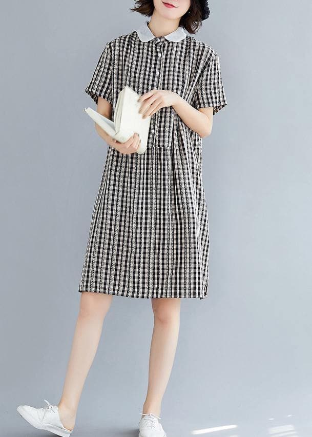 DIY Peter pan Collar Cotton summer clothes For Women black plaid Dress SDM200325