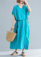 DIY blue green linen clothes For Women v neck pockets Maxi summer Dresses SDL200425