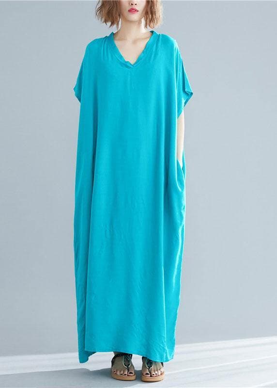 DIY blue green linen clothes For Women v neck pockets Maxi summer Dresses SDL200425