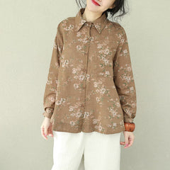 DIY khaki print linen blouses for women plus size Cotton lapel Button Down oversized blouses LTP190129