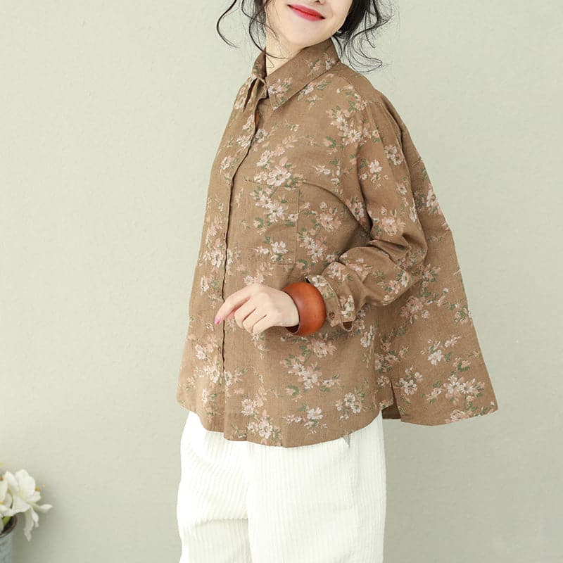 DIY khaki print linen blouses for women plus size Cotton lapel Button Down oversized blouses LTP190129