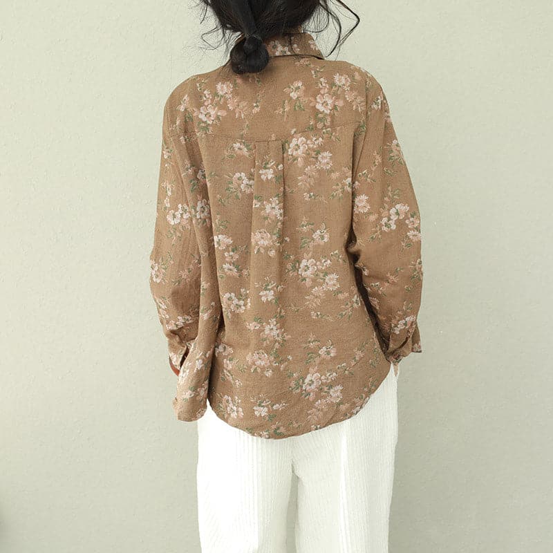 DIY khaki print linen blouses for women plus size Cotton lapel Button Down oversized blouses LTP190129