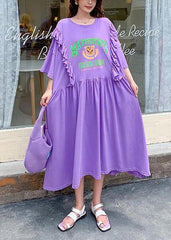 DIY o neck Ruffles clothes Outfits purple Cartoon print long Dress AT-SDL200707