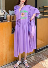 DIY o neck Ruffles clothes Outfits purple Cartoon print long Dress AT-SDL200707