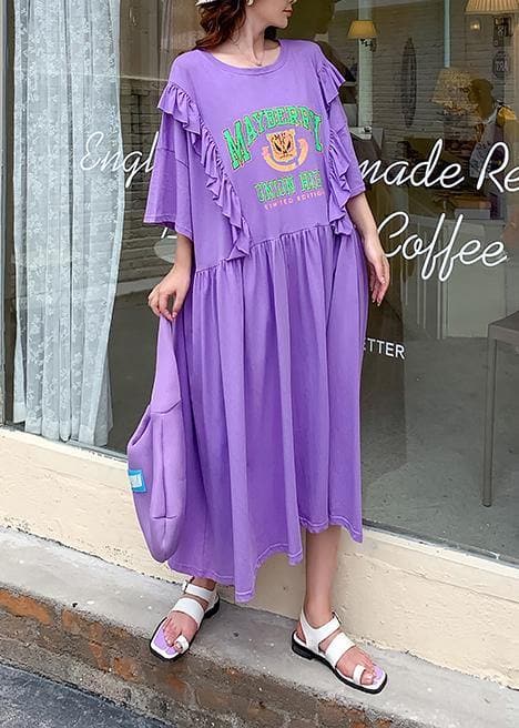 DIY o neck Ruffles clothes Outfits purple Cartoon print long Dress AT-SDL200707