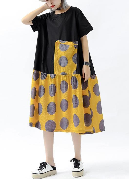 DIY patchwork pockets cotton linen clothes Women design yellow dotted Dresses summer AT-SDL190614