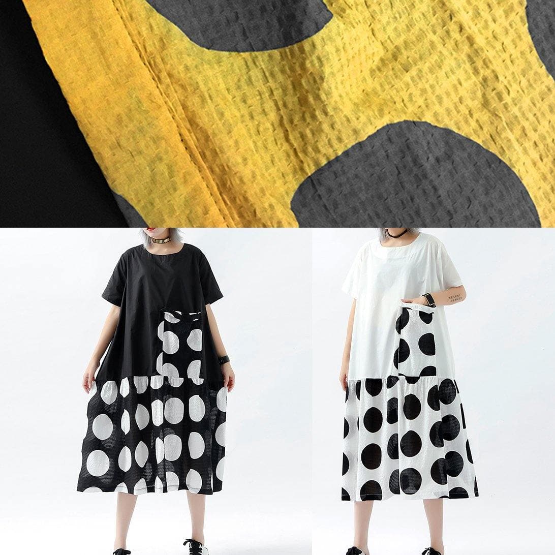 DIY patchwork pockets cotton linen clothes Women design yellow dotted Dresses summer AT-SDL190614