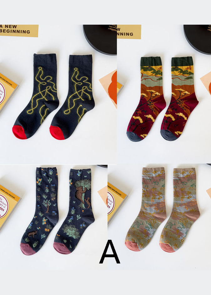 DIY retro Print Illustration Cotton Crew Socks dylinoshop