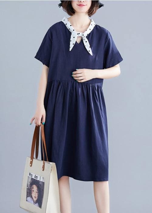 DIY v neck Cinched Cotton Long Shirts Photography navy Dresses SDM200325