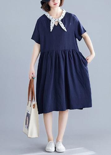 DIY v neck Cinched Cotton Long Shirts Photography navy Dresses SDM200325