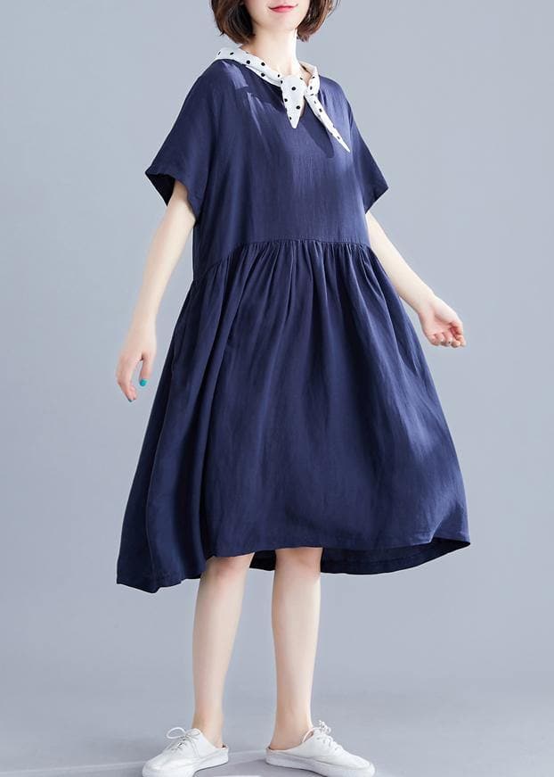 DIY v neck Cinched Cotton Long Shirts Photography navy Dresses SDM200325