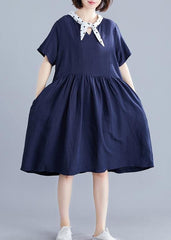 DIY v neck Cinched Cotton Long Shirts Photography navy Dresses SDM200325