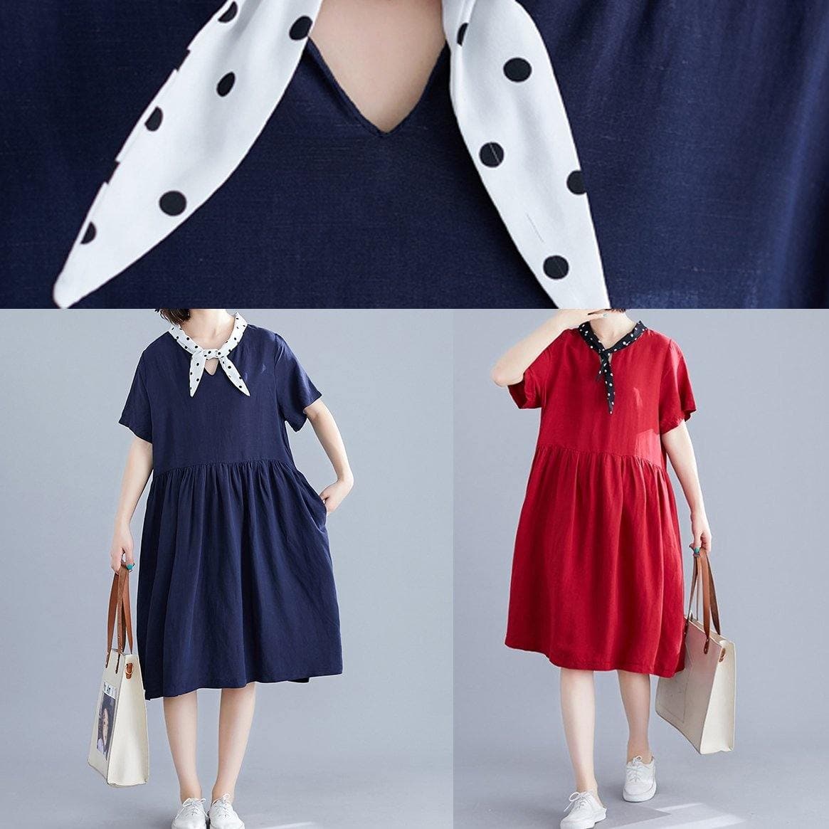 DIY v neck Cinched Cotton Long Shirts Photography navy Dresses SDM200325