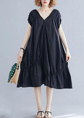 DIY v neck Cinched Cotton clothes Shape black Dresses SDM200425