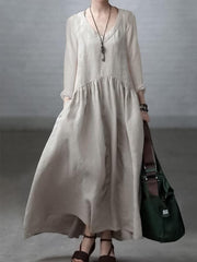 Simple and Loose V-neck Cotton and Linen Dress SooLinen