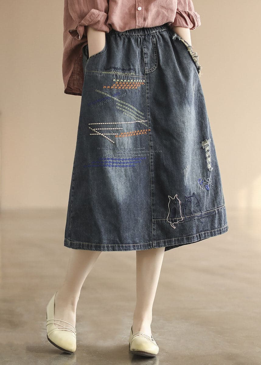 Dark Blue Elastic Waist Embroideried Cotton Denim Ripped Skirts Summer GK-SKTS220512