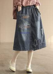 Dark Blue Elastic Waist Embroideried Cotton Denim Ripped Skirts Summer GK-SKTS220512