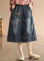 Dark Blue Elastic Waist Embroideried Cotton Denim Ripped Skirts Summer GK-SKTS220512