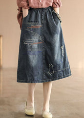 Dark Blue Elastic Waist Embroideried Cotton Denim Ripped Skirts Summer GK-SKTS220512