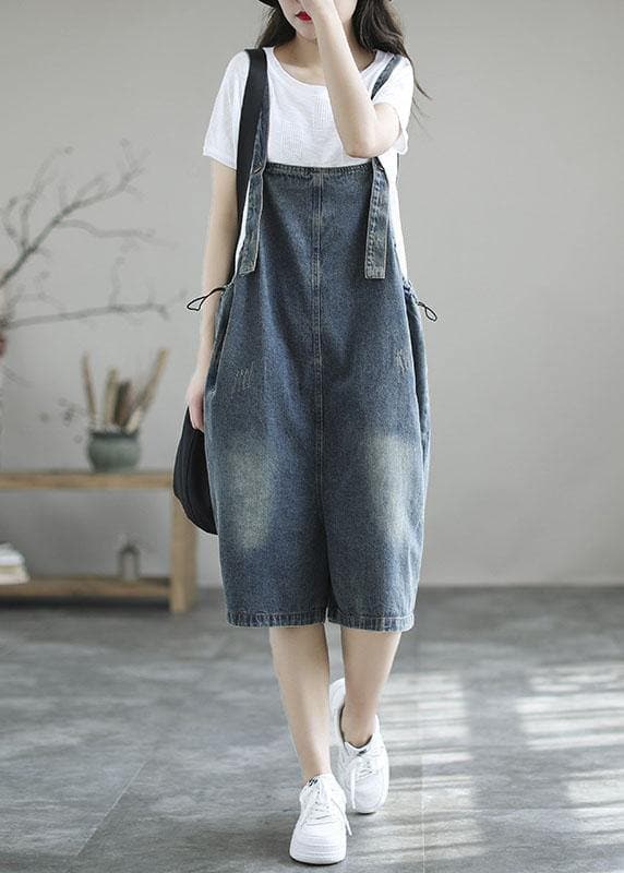 Dark Blue Retro Loose Wide Leg Summer Crop Denim Romper GK-JPTS210721