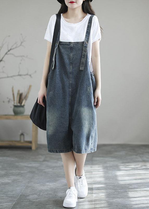 Dark Blue Retro Loose Wide Leg Summer Crop Denim Romper dylinoshop