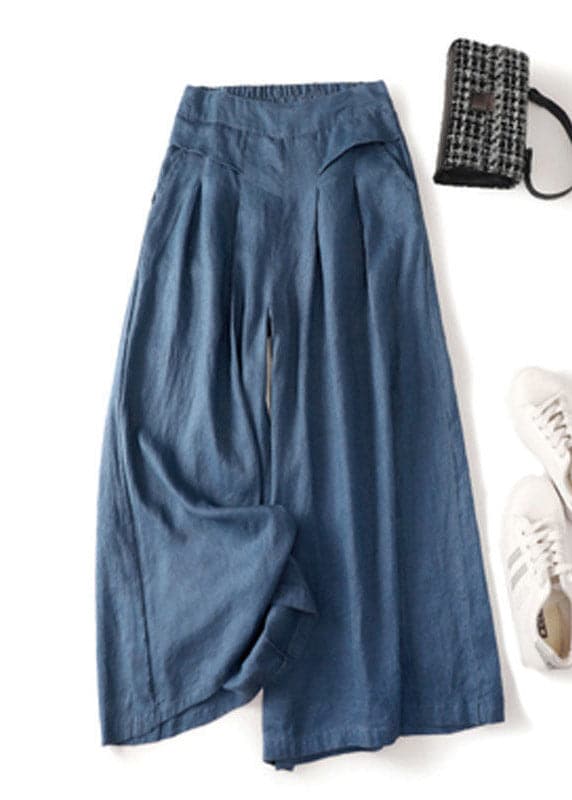 Denim Blue Linen Wide Leg Pants Pockets High Waist Summer GK-CPTS220328