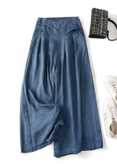 Denim Blue Linen Wide Leg Pants Pockets High Waist Summer GK-CPTS220328